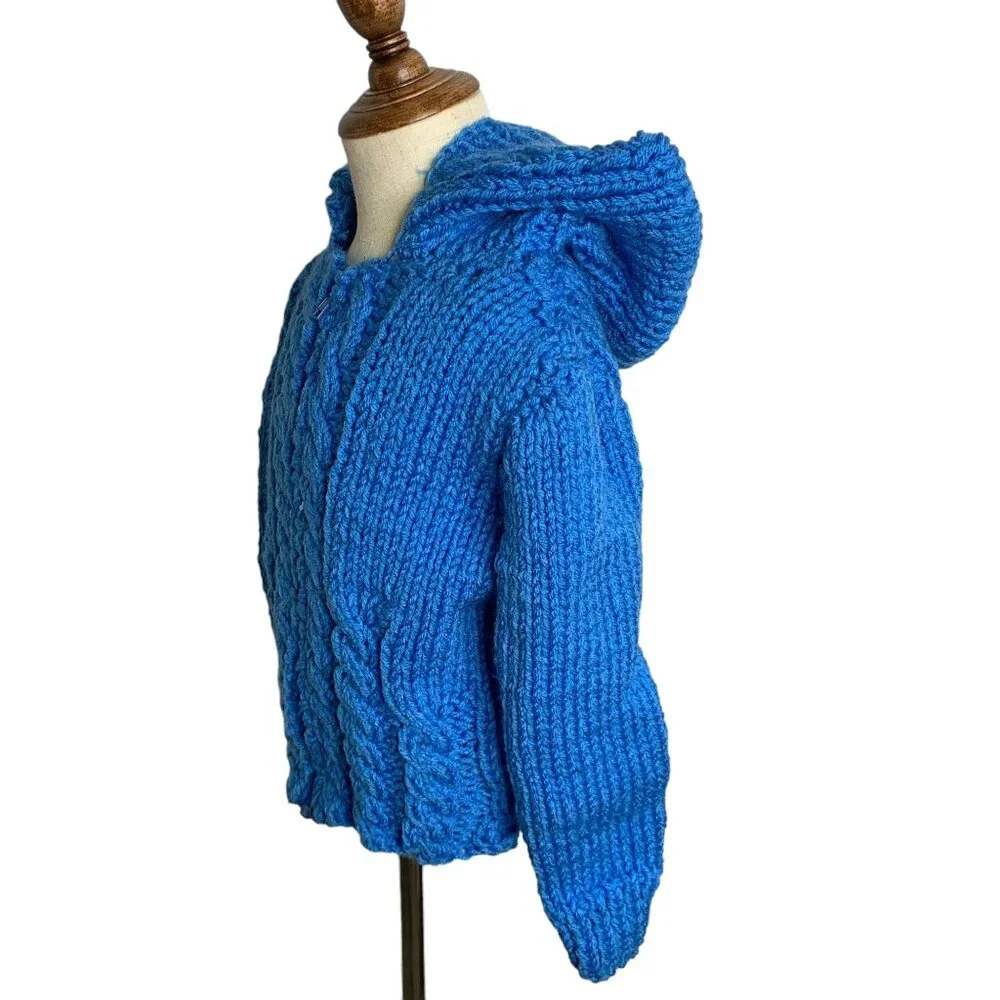 Vintage Handmade Toddler 4T Blue Cable Knit Hooded Cardigan Sweater Full Zipper